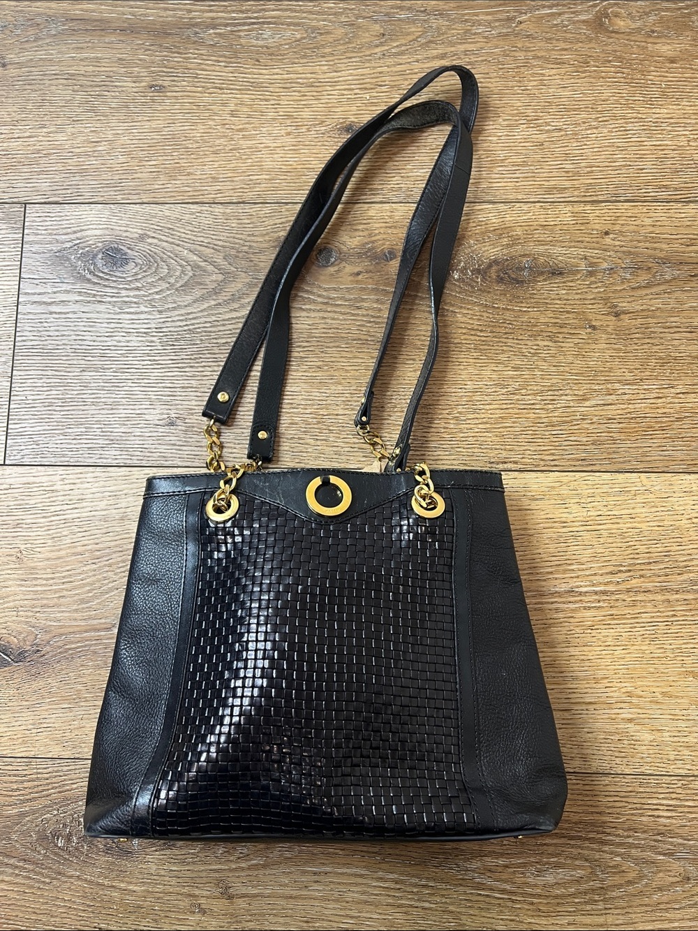 Vintage Bally Black Leather Shoulder Bag w/Chain Detail